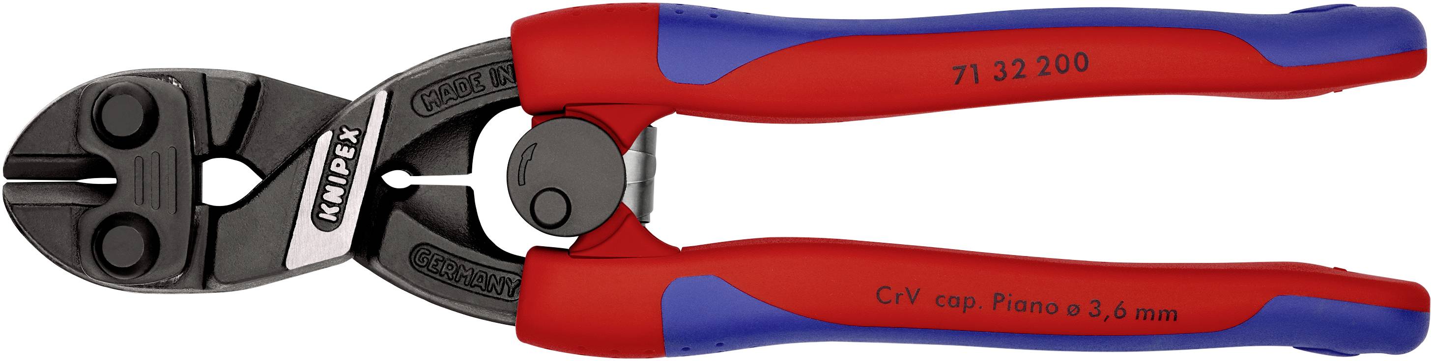 Zange mit roten und blauen Griffen, gekennzeichnet mit 'KNIPEX'. Schneidevorrichtung vorne, geeignet für Drähte oder Kabel.