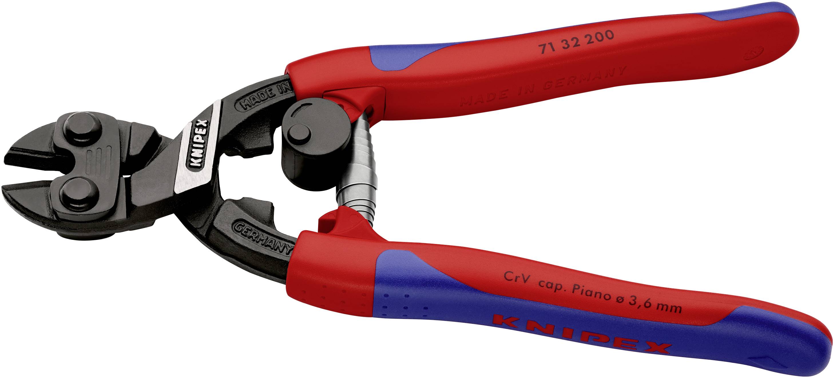 Rote und blaue Knipex-Kabelschneider mit robusten Backen, geeignet für Stahldrähte bis zu 3,6 mm.