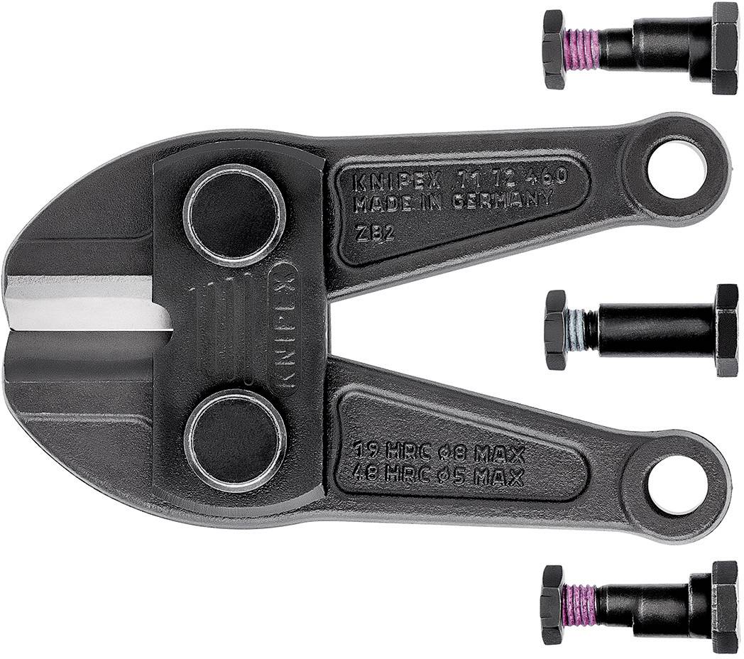 Ein Bolzenschneider mit zwei Schrauben, Knipex-Logo sichtbar. Der Schneider ist schwarz und aus Metall, 'Made in Germany' ist eingraviert.