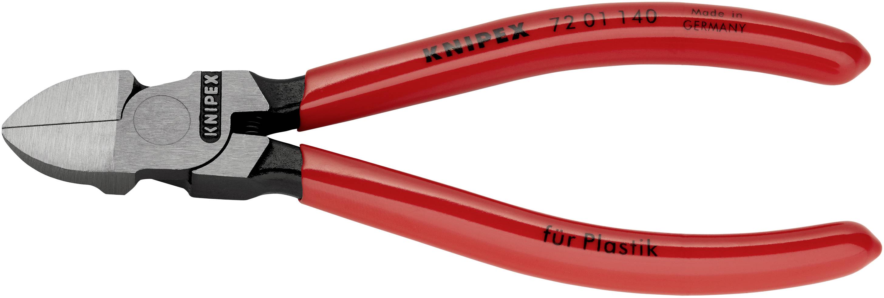 Seitenschneider mit roten Griffen und silberner Metallklinge, geeignet für das Schneiden von Kunststoff. Aufschrift 'Knipex'.