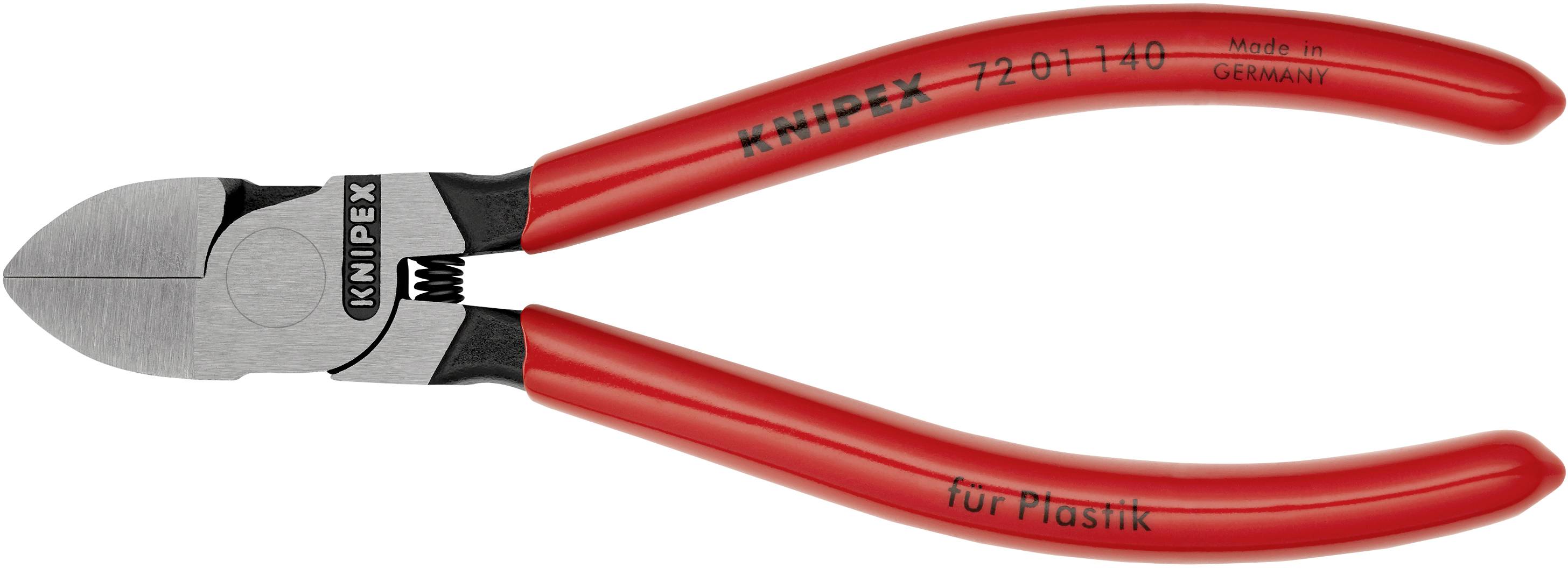 Seitenschneider von Knipex mit roten Griffen, beschriftet mit 'Made in Germany' und 'für Plastik'.
