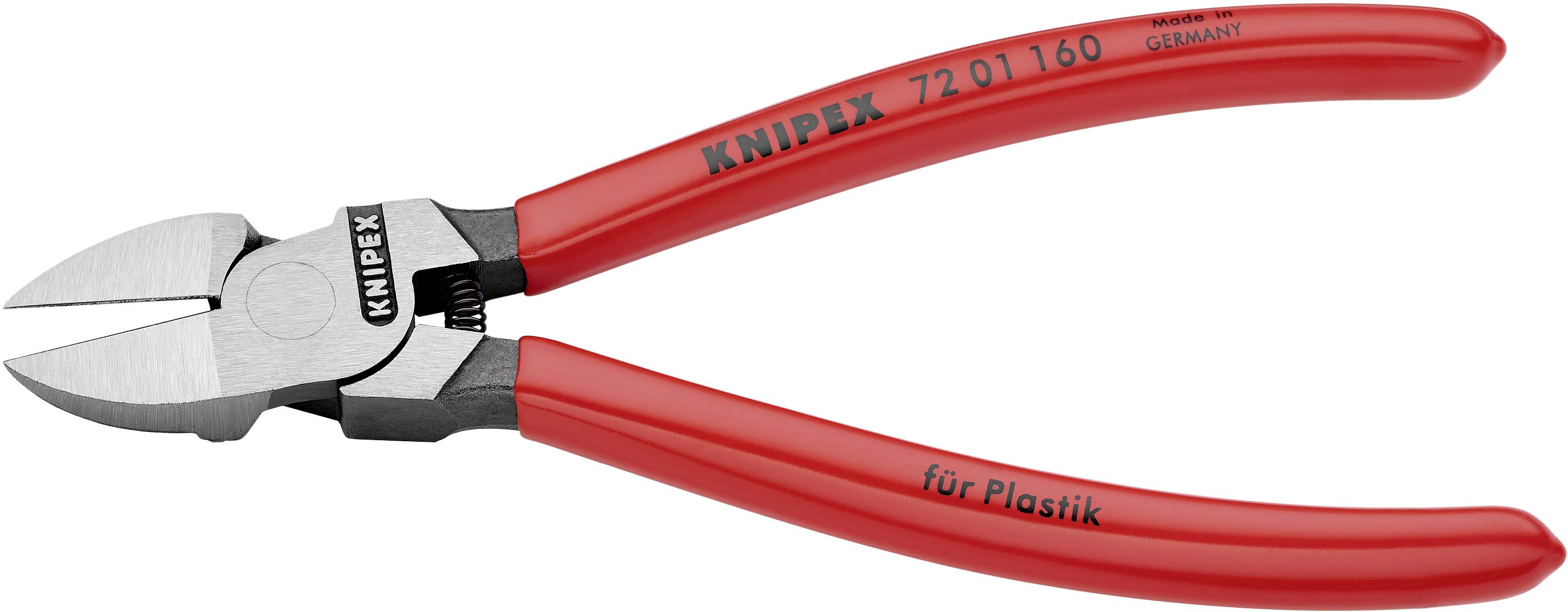 Rote Zange mit der Aufschrift 'für Plastik', geeignet zum Schneiden von Plastikmaterial.