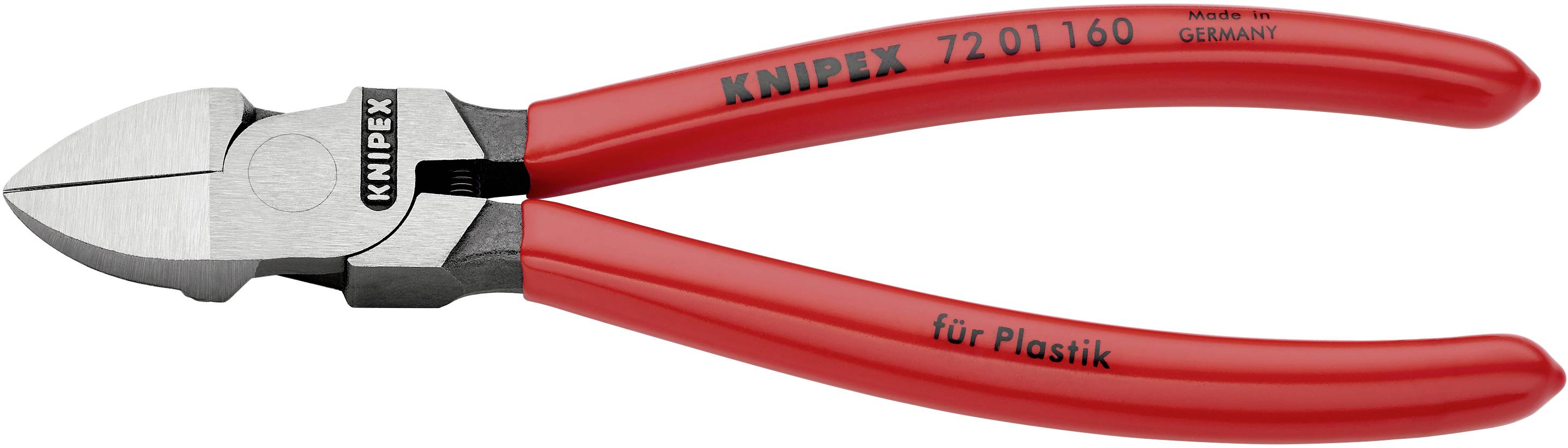 Rote Seitenschneiderzange von Knipex mit Beschriftung 'für Plastik' und 'Made in Germany'. Geeignet zum Schneiden von Kunststoffmaterialien.