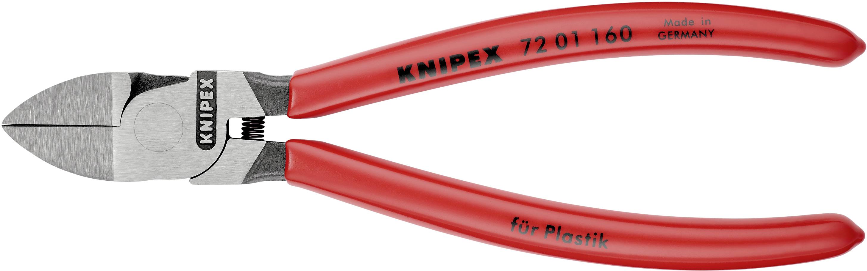 Rote Seitenschneider von Knipex, Modell '72 01 160', für Plastik geeignet, hergestellt in Deutschland.