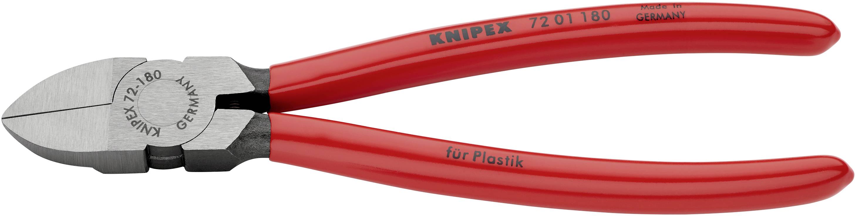 Rote Schneidzange mit silbernen Klingen aus Stahl, Beschriftung 'Knipex 72 01 160' auf Griff. Geeignet für Kunststoff. Made in Germany.