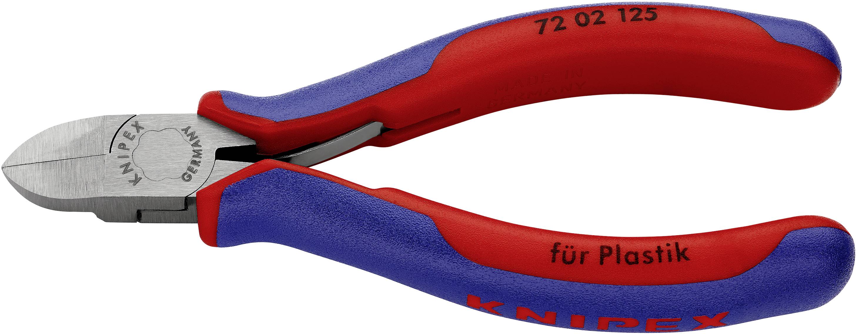 Seitenschneider mit blauen und roten Griffen, speziell für Kunststoff. Markenname ist auf dem Griff eingeprägt.
