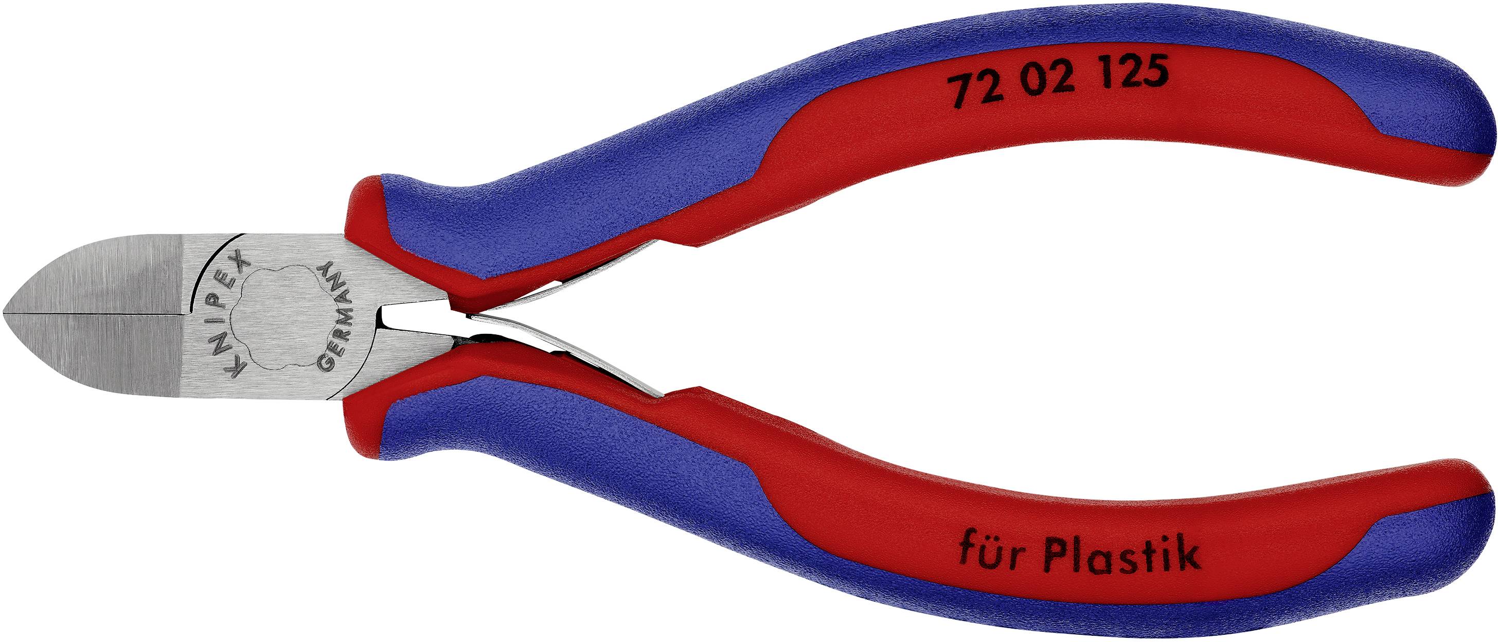 Seitenschneider mit roten und blauen Griffen, geeignet zum Schneiden von Plastik, mit der Aufschrift 'Knipex Germany'.