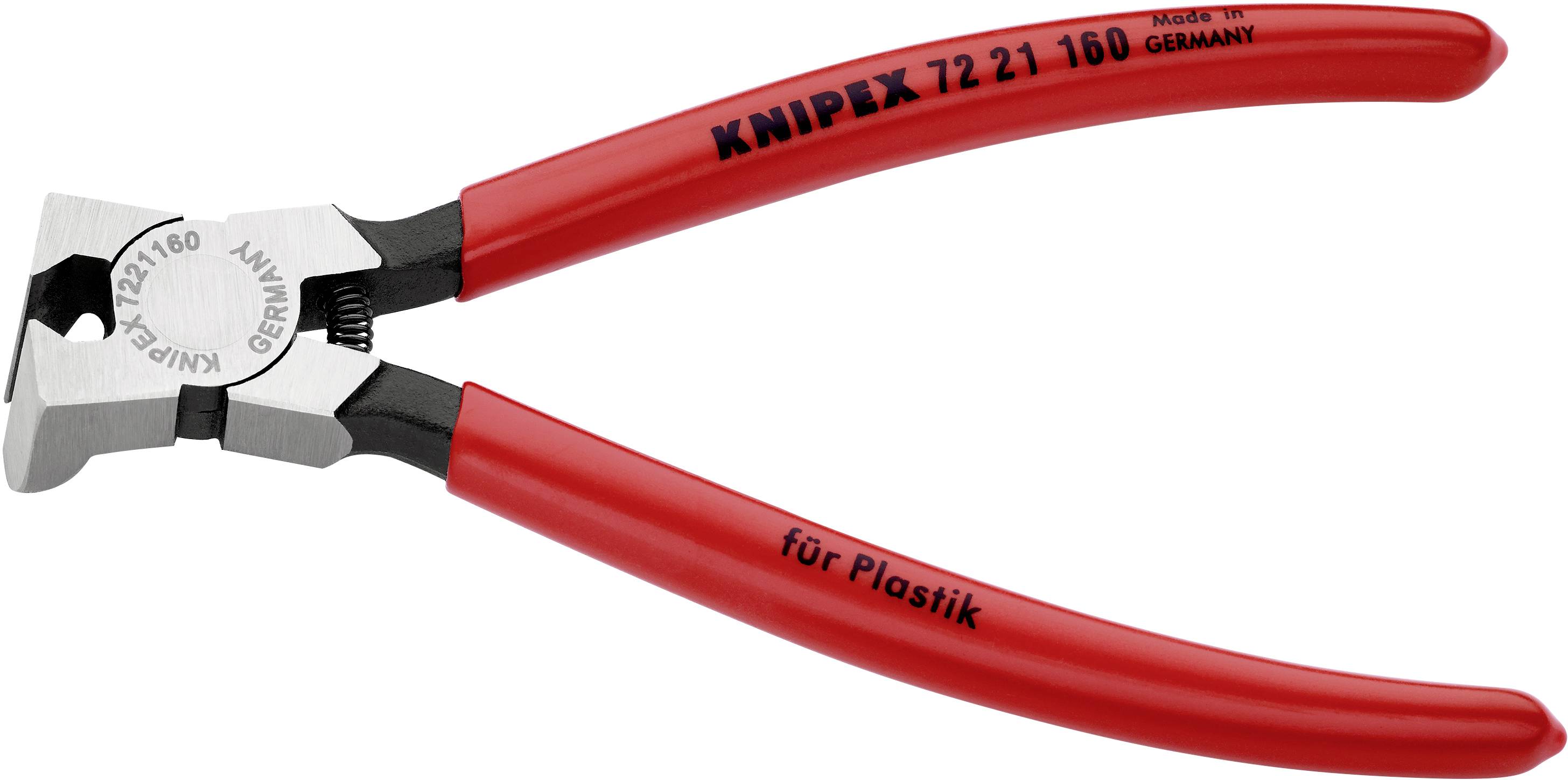 Rote Kneifzange von Knipex, geeignet für das Schneiden von Kunststoff. Modellnummer 72 21 160, hergestellt in Deutschland.