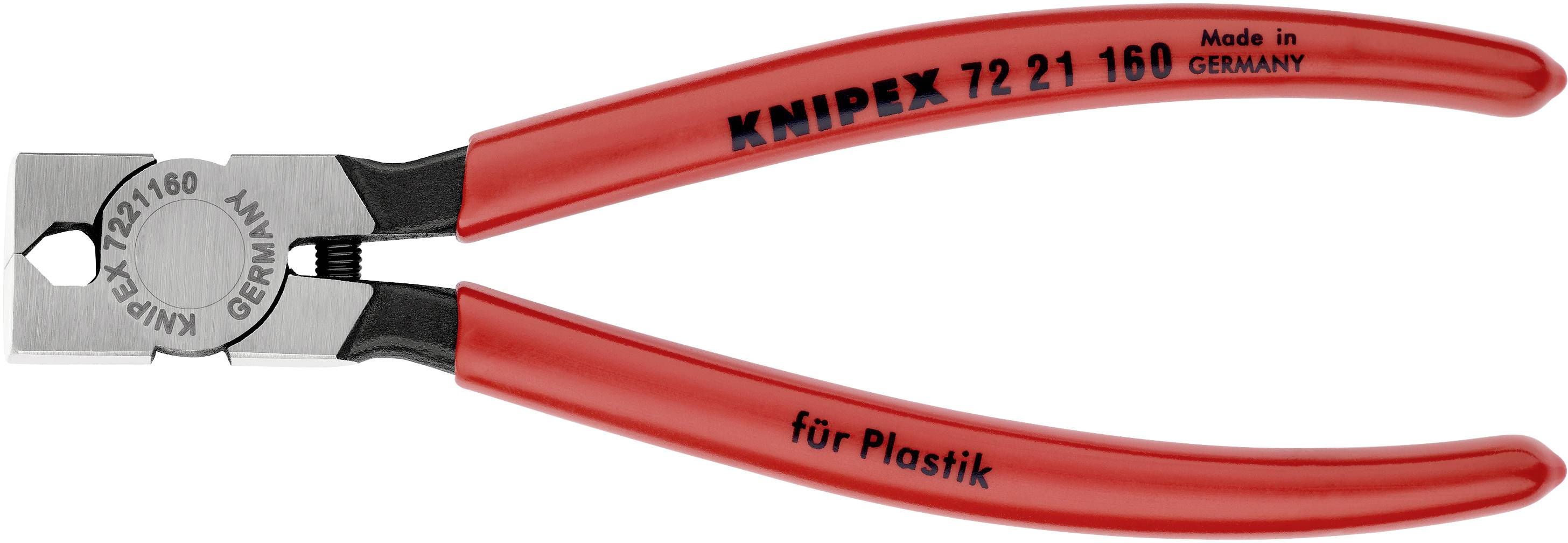 Rote KNIPEX-Kunststoffschneidzange mit Beschriftung 'für Plastik', Länge: 160 mm, hergestellt in Deutschland.