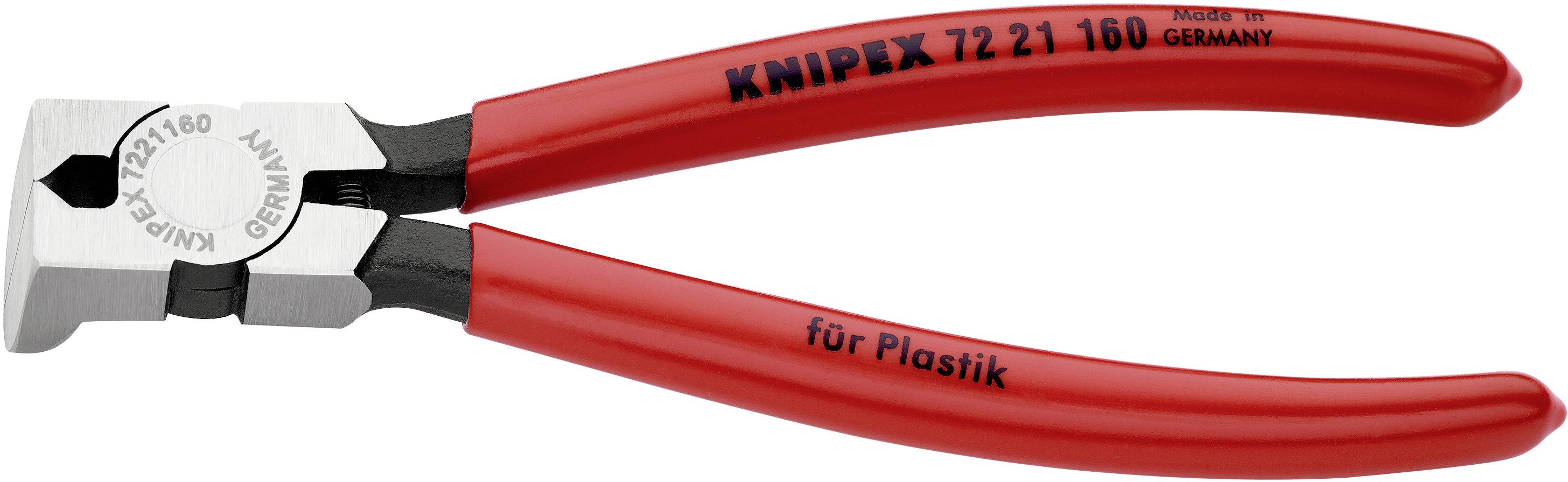 Eine rote Kunststoffschneidzange mit der Aufschrift 'Knipex', geeignet zum Schneiden von Kunststoffmaterialien.