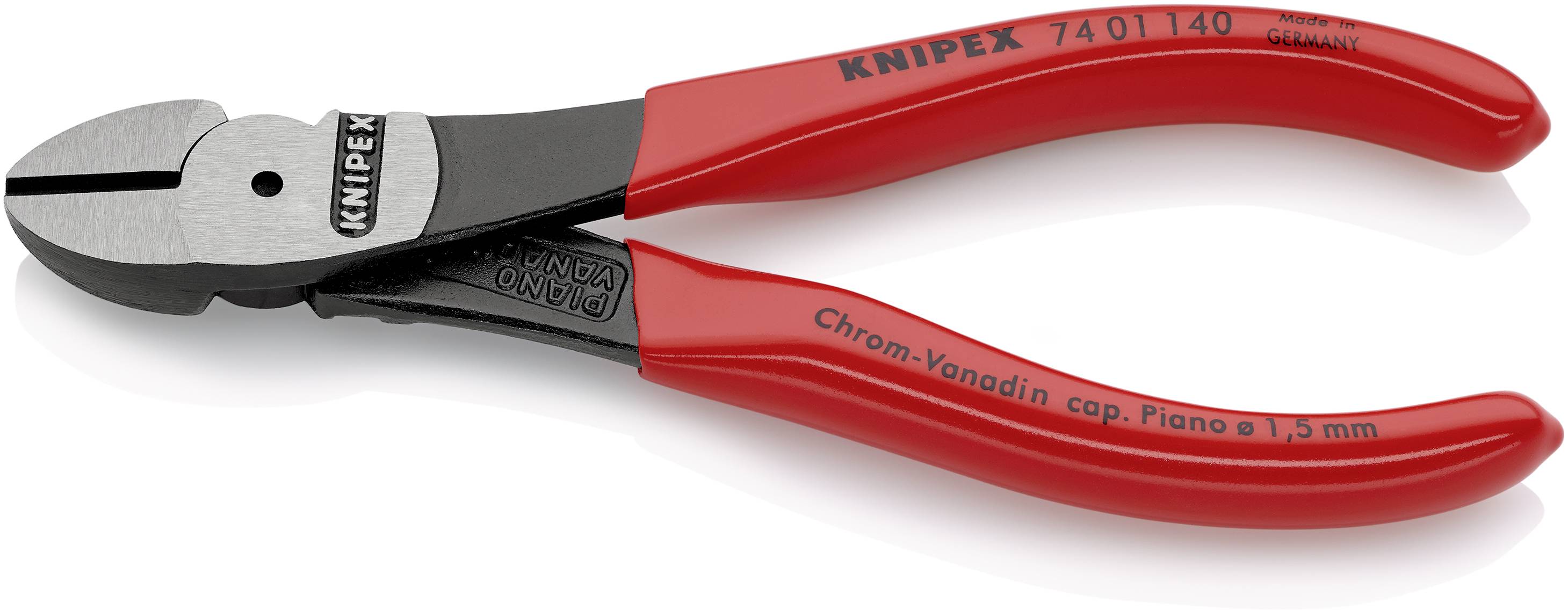 Seitenschneider mit roten Griffen, Marke KNIPEX, Nummer 7401140. Geeignet zum Schneiden von Draht bis 1,5 mm Dicke.