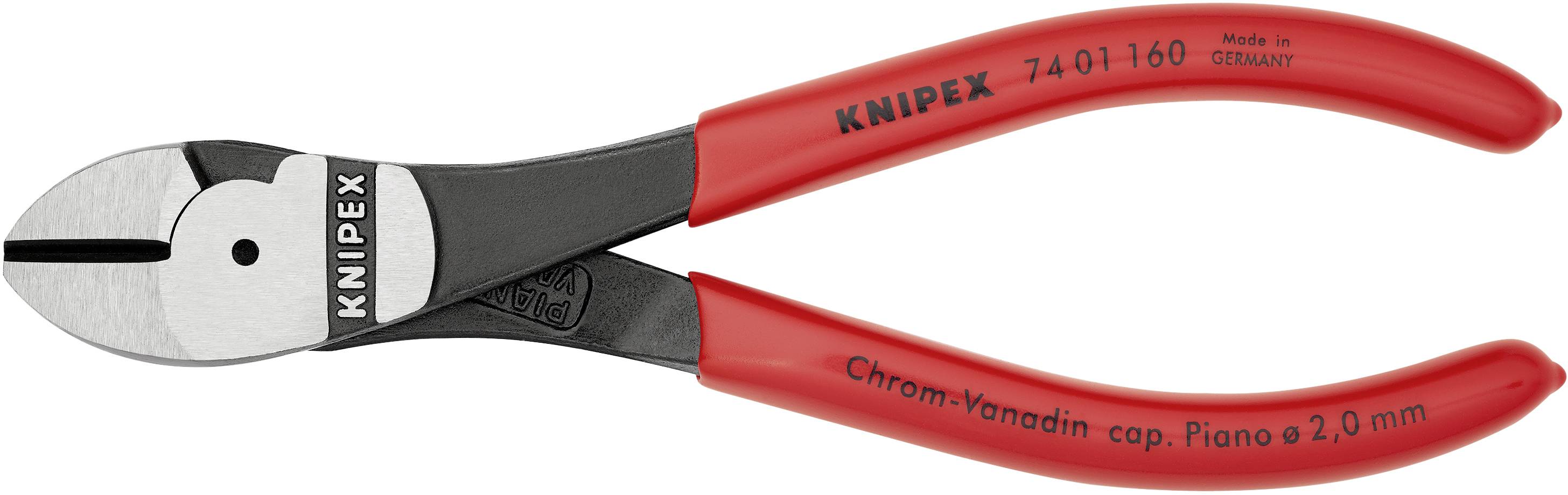 Zange mit roten Griffen und schwarzem Hauptelement, 'KNIPEX' und Modellnummer aufgedruckt. Geeignet zum Schneiden von Drähten bis 2,0 mm.