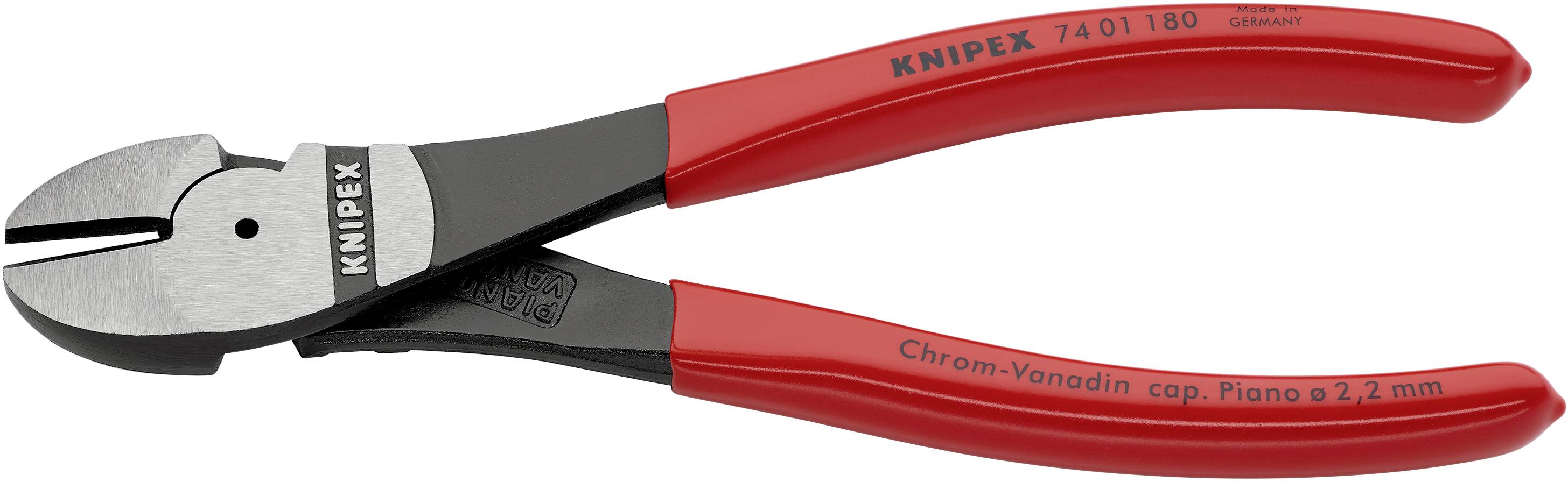 Ein Knipex-Drahtschneider mit roten Griffen und schwarzem Schneidekopf, geeignet für Schneiden von dünnen Drähten bis 2 mm Durchmesser.