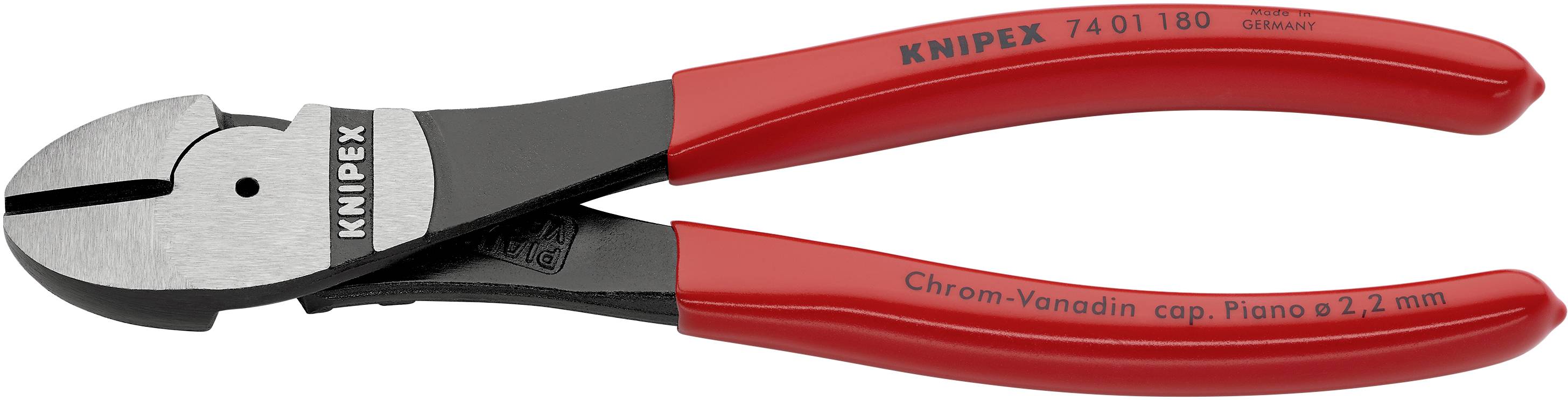 Zange mit roten Griffen, markiert mit 'KNIPEX', geeignet für das Schneiden von Klavierdrähten bis 2,2 mm Dicke.
