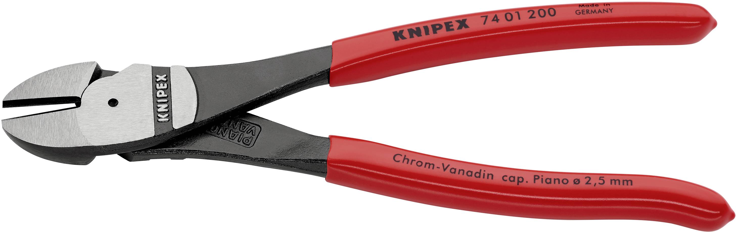 Rote Knipex-Schneidzange mit Stahlbacken, geeignet zum Schneiden von Drähten bis 2,5 mm. Markierung 'Knipex' auf dem Griff.