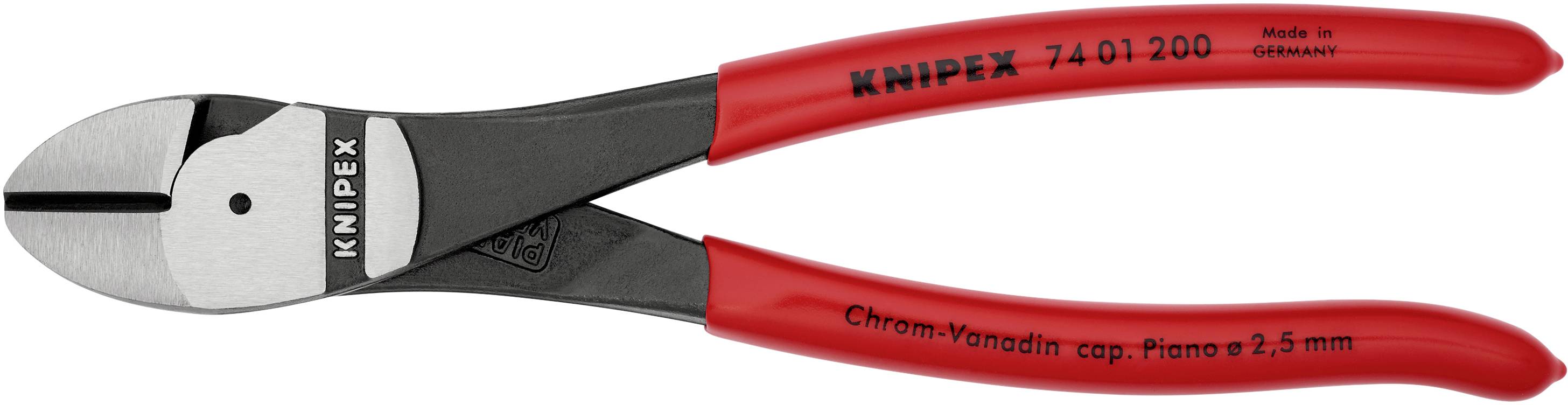 Abgebildet ist ein Seitenschneider mit roten Griffen, geeignet für Klavierdraht bis 2,5 mm. Aufschrift: 'KNIPEX 74 01 200'.