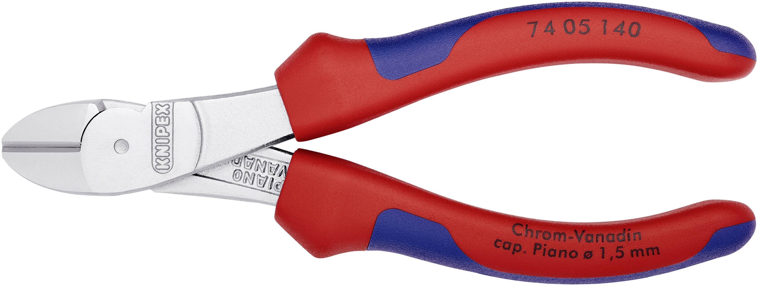 Seitenschneider mit roten und blauen Griffen, beschriftet mit 'Knipex' und Modellinformationen auf dem Metall.