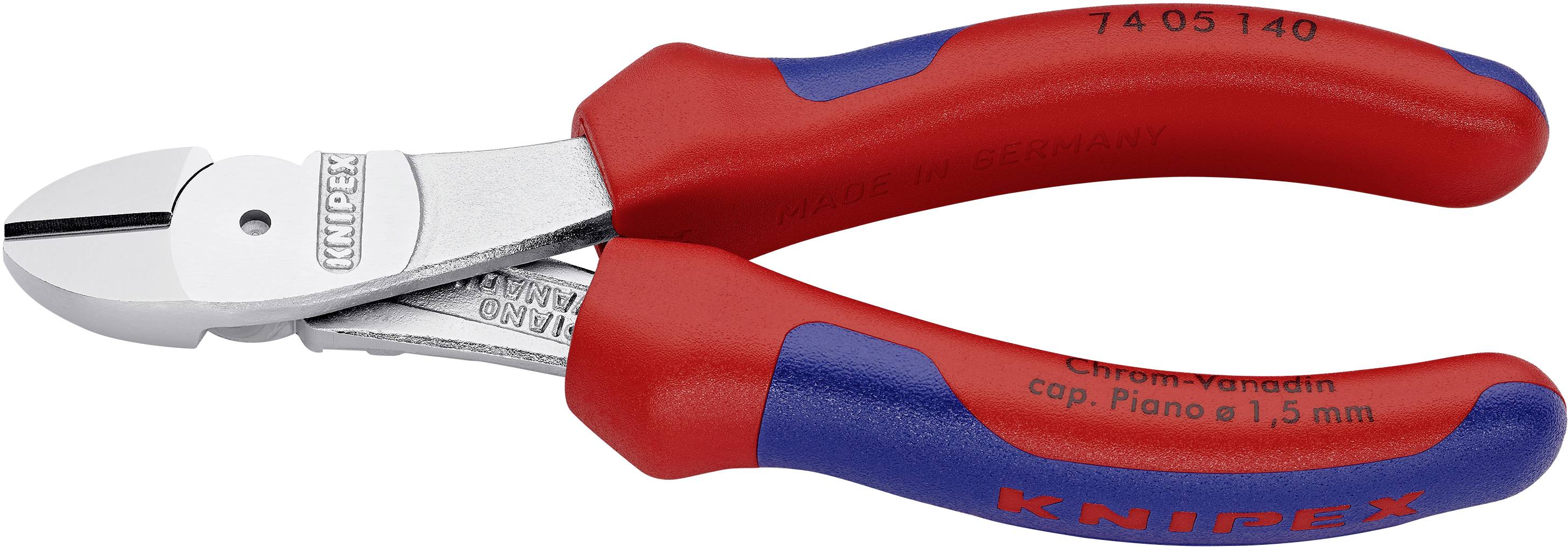 Seitenschneider mit roten und blauen Griffen, geeignet zum Schneiden von (bis zu) 1,5 mm dicken Drähten, von der Marke Knipex.