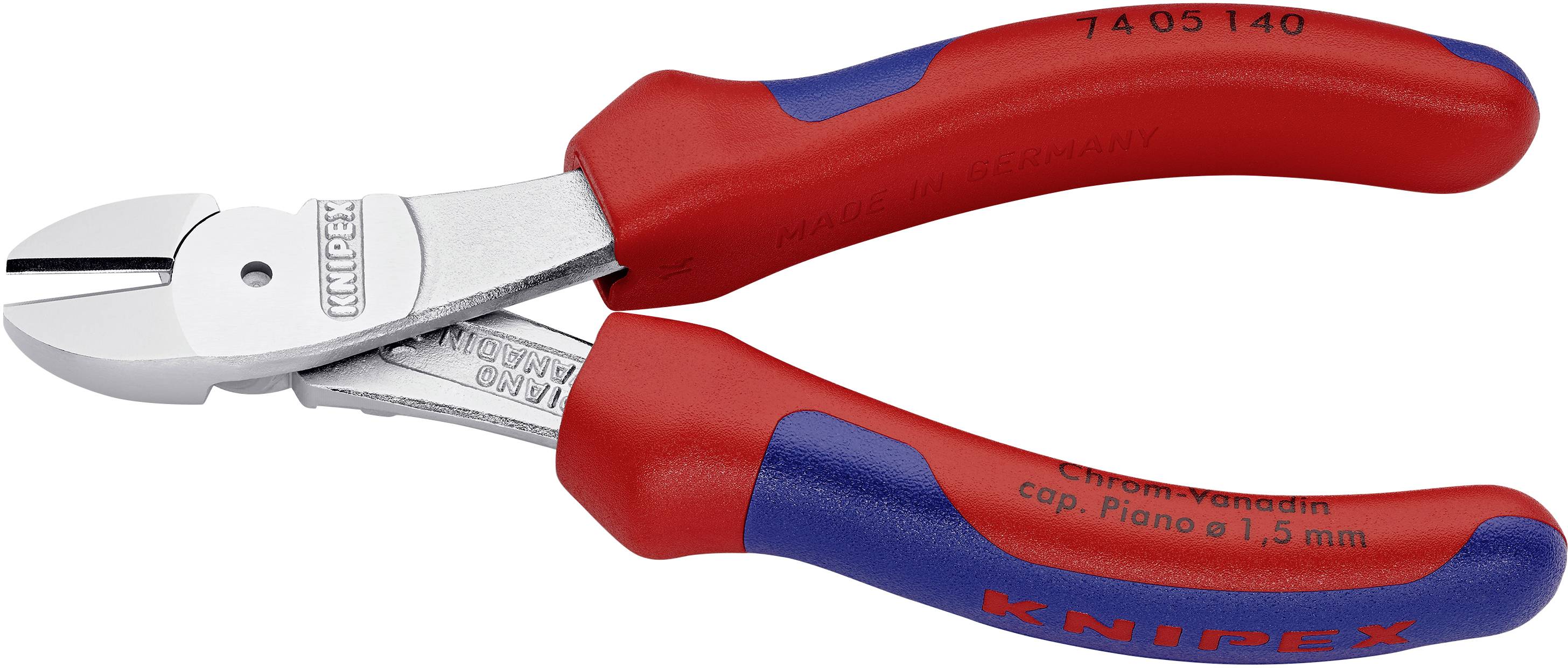 Seitenschneider mit roten und blauen Griffen, silberne Schneiden; Marke 'Knipex', Modellnummer '74 05 140' auf dem Griff.