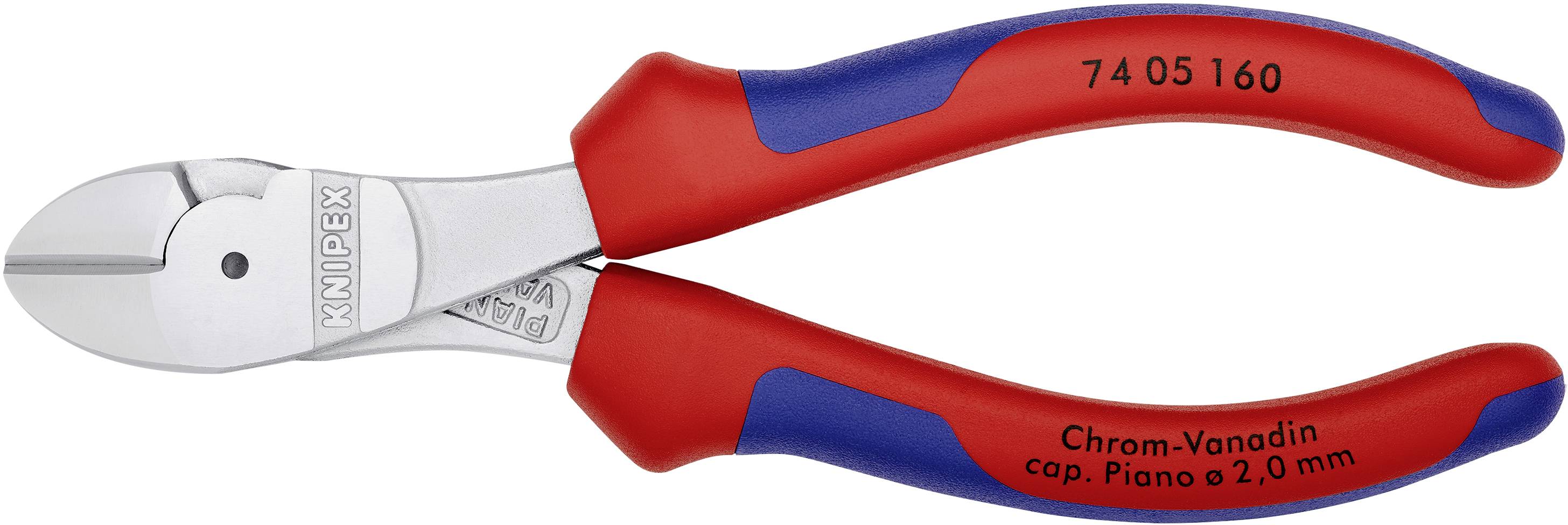 Rote und blaue Knipex-Seitenschneider mit Aufdruck 'Chrom-Vanadin, cap. Piano 2,0 mm' und der Nummer '74 05 160'.