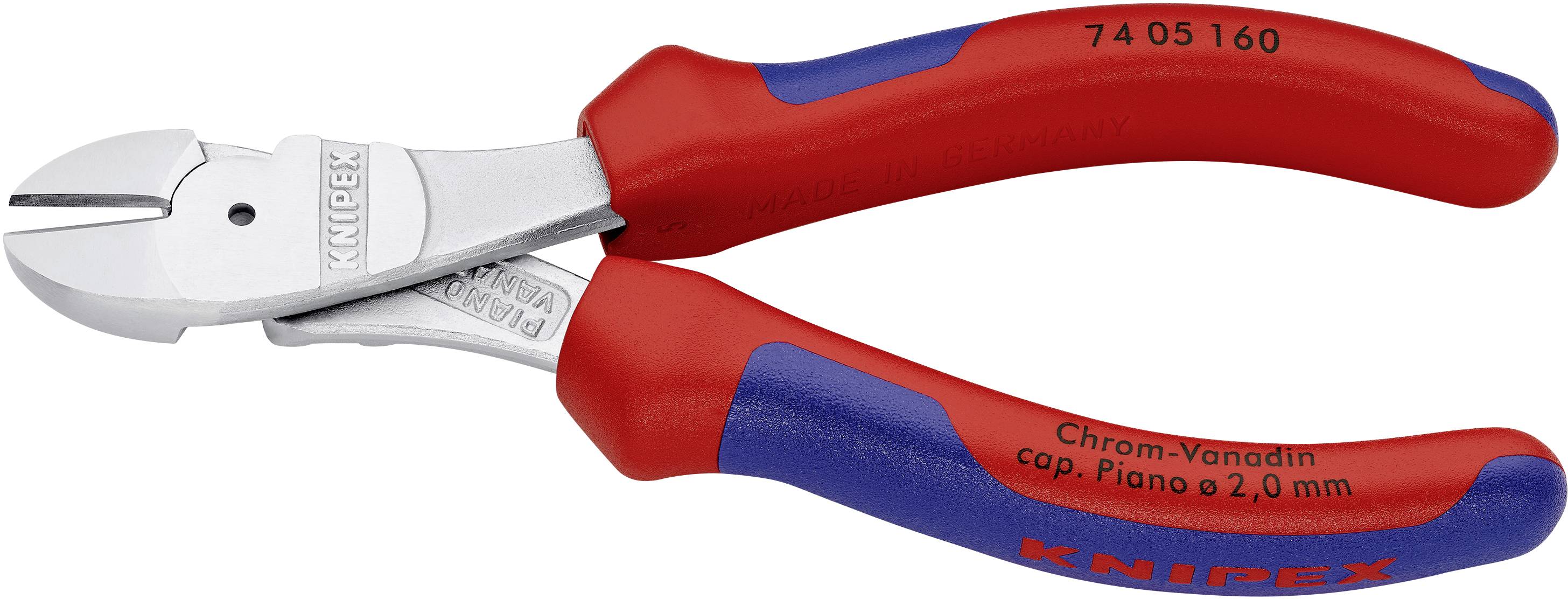 Eine rote und blaue Knipex-Seitenschneiderzange, Modellnummer 74 05 160, für präzises Schneiden von Drähten bis 2,0 mm Durchmesser.