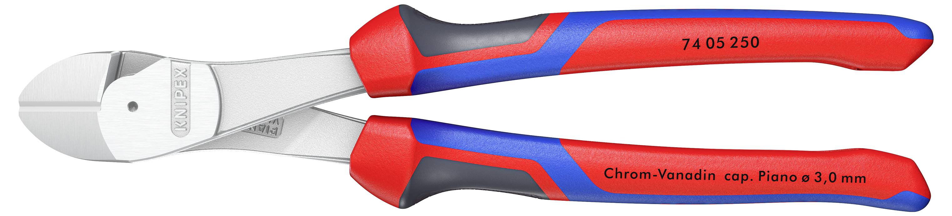 Eine Abisolierzange mit roten und blauen Griffen, auf denen der Text '74 05 250' und 'Chrom-Vanadin cap. Piano ø 3,0 mm' zu sehen ist.