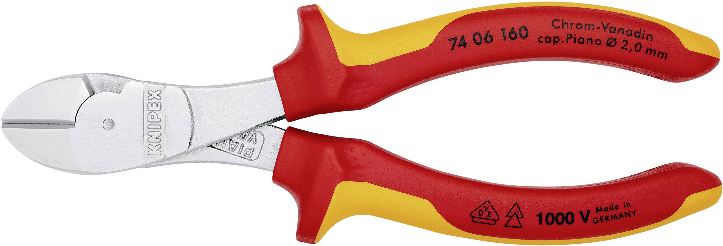 Seitenschneider mit roten und gelben Griffen, Aufschrift 'Knipex'. Geeignet für Draht bis 2,0 mm, hergestellt in Deutschland.