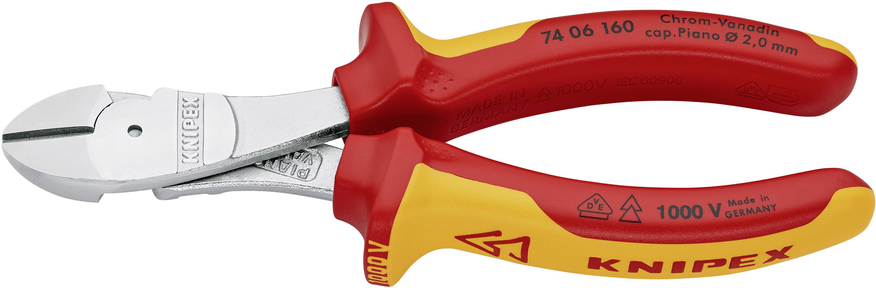 Abgebildet ist eine rote und gelbe Knipex-Kabelschneiderzange mit isolierten Griffen, geeignet für Arbeiten bis 1000 V in Deutschland hergestellt.