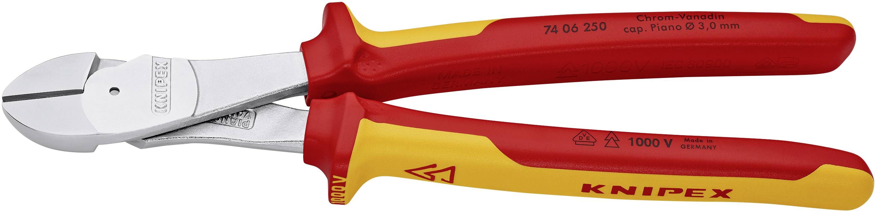 Ein roter und gelber Knipex-Kabelschneider für bis zu 1000 Volt. Speziell für Elektroarbeiten gebaut.