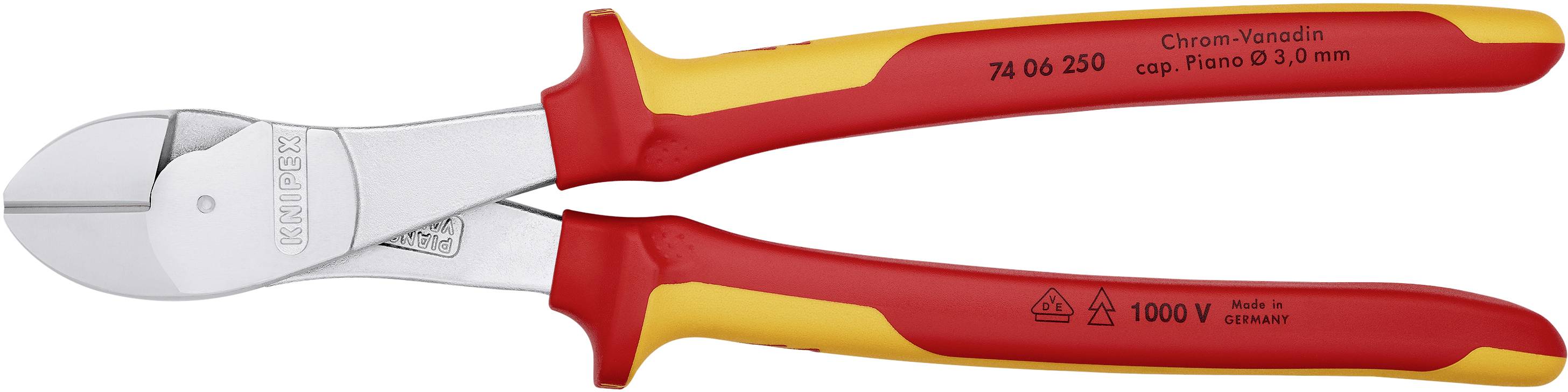 Roter und gelber Seitenschneider, geeignet für Arbeiten bis 1000 V. Geeignet für das Schneiden von Drähten bis 3 mm Dicke.