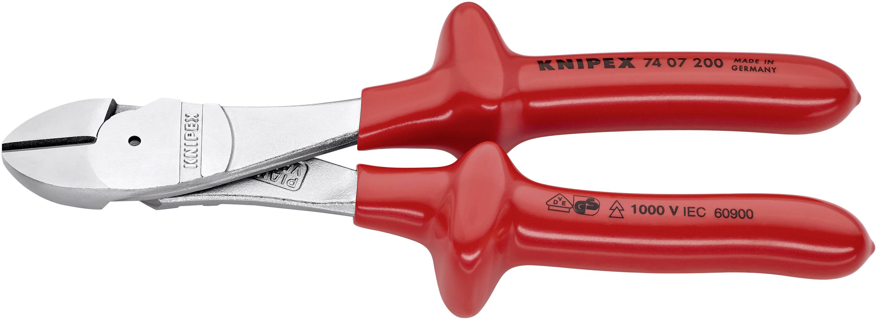 Eine rote Isolierzange mit der Aufschrift 'Knipex 74 07 200, Made in Germany', geeignet für Arbeiten bis 1000 V gemäß IEC 60900.
