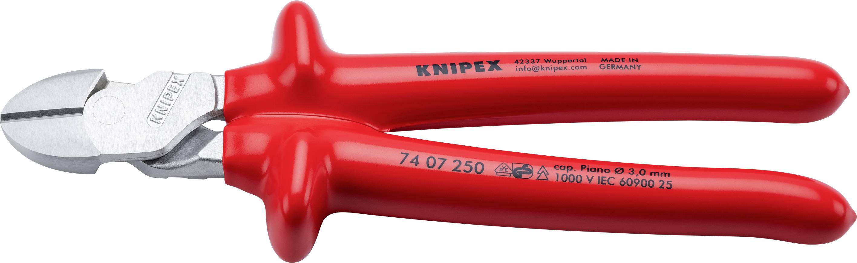 Rote KNIPEX isolierte Seitenschneider mit Metallbacken, gezeigt auf weißem Hintergrund.