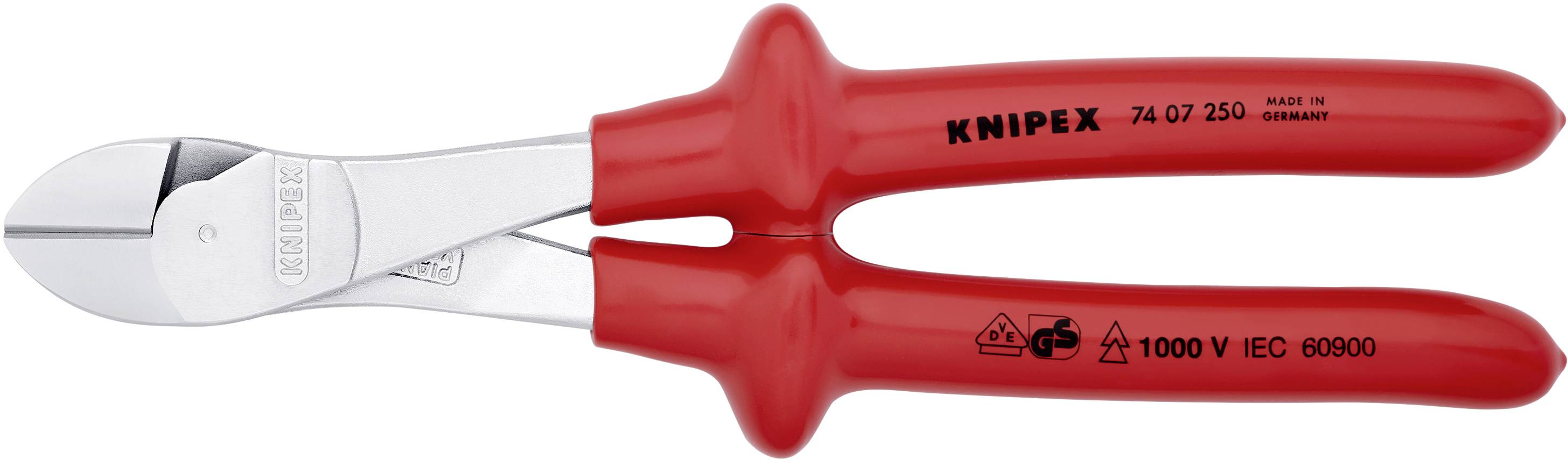 Rote Knipex Seitenschneider mit isolierten Griffen, geeignet für Arbeiten bis 1000 V. Modelle '74 07 250', 'Made in Germany'.