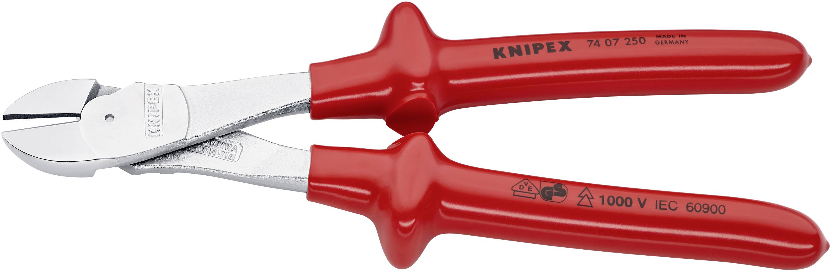 Rote Seitenschneider mit isolierten Griffen, geeignet für bis zu 1000 V, mit der Aufschrift 'KNIPEX' und elektrischen Prüfsiegeln.