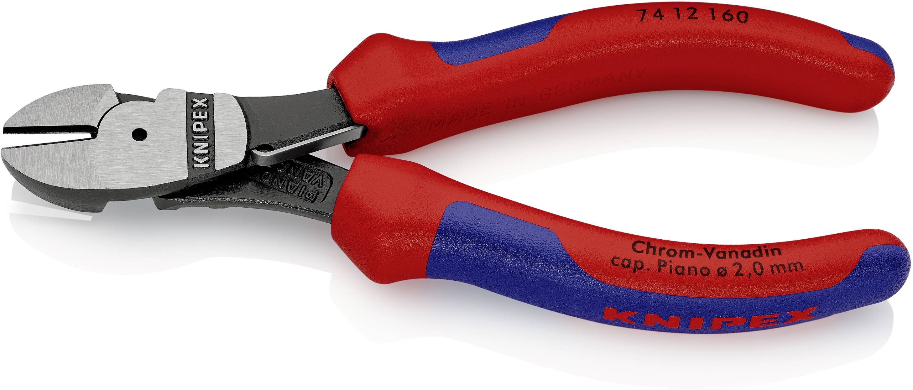Seitenschneider mit rot-blauen Griffen, geeignet für Draht bis 2,0 mm. Markenname 'Knipex' auf dem Griff erkennbar.