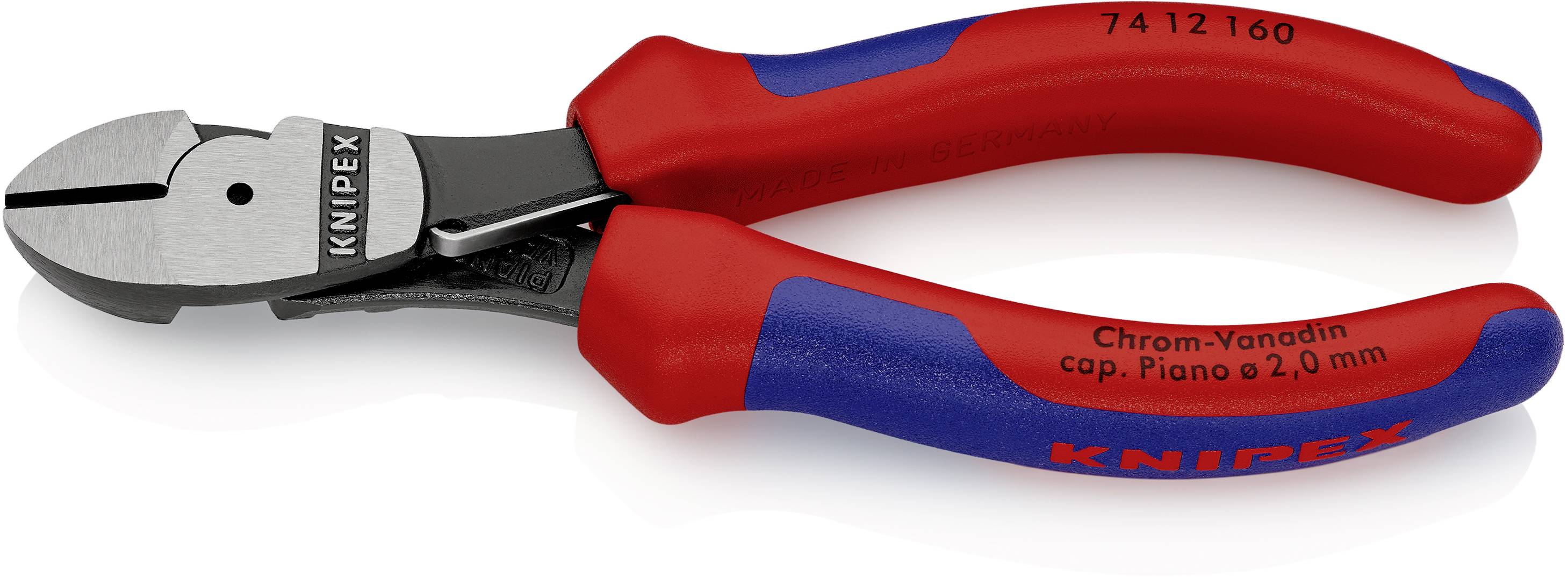 Eine rote und blaue KNIPEX-Seitenschneiderzange, Modell 74 12 160, geeignet für Clippings bis zu 2,0 mm.