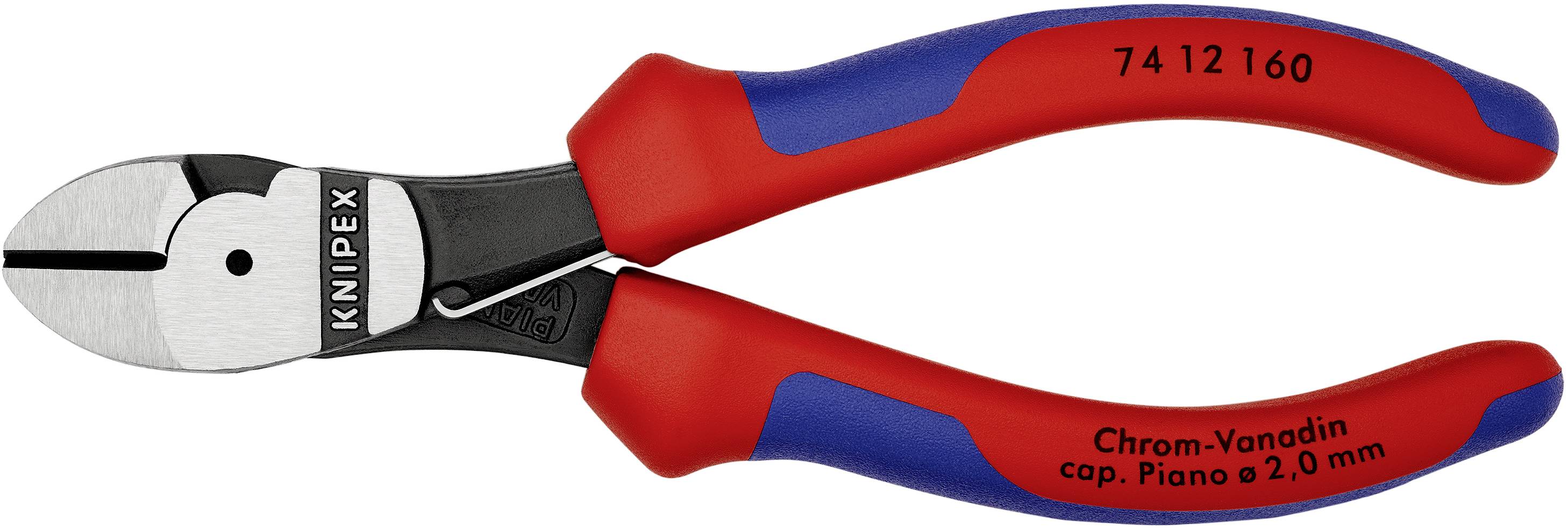 Seitenschneider mit roten und blauen Griffen, Markenname 'KNIPEX', geeignet zum Schneiden von Kupfer- und Pianodraht bis 2 mm Durchmesser.