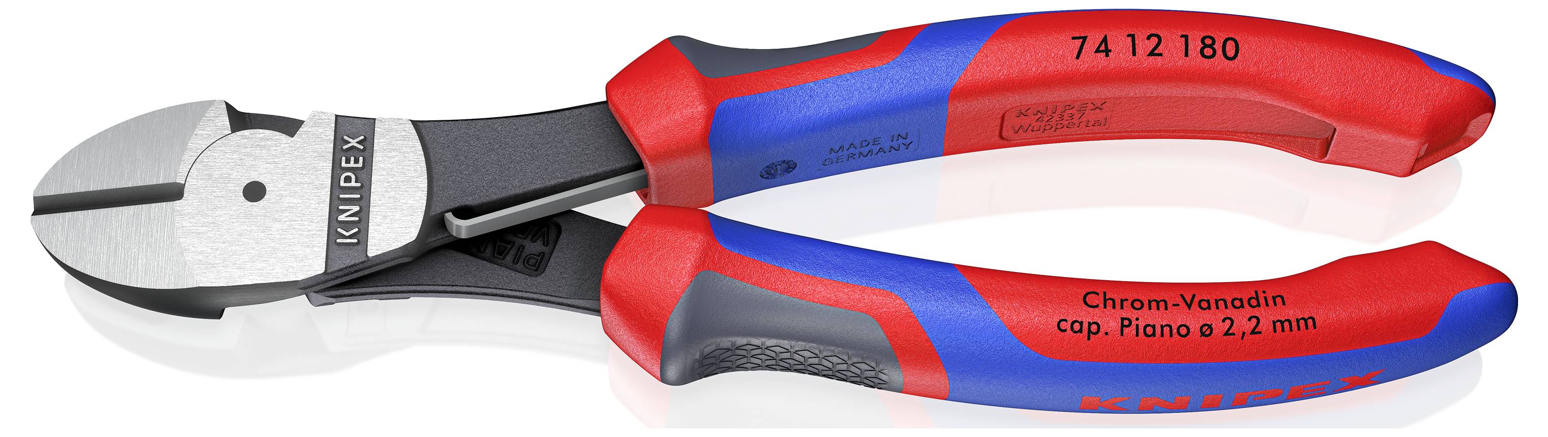 Kabelschneider der Marke Knipex mit blauen und roten Griffen, geeignet zum Schneiden von Pianodraht bis 2,2 mm.