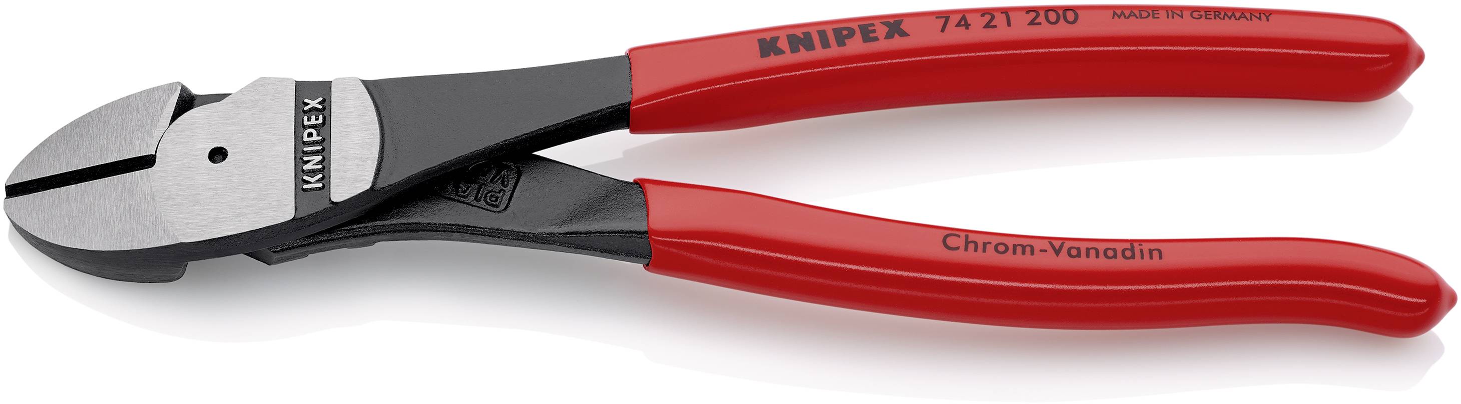 Eine rote Knipex-Seitenschneiderzange mit der Aufschrift 'Made in Germany' und 'Chrom-Vanadin', geeignet zum Schneiden von Drähten.