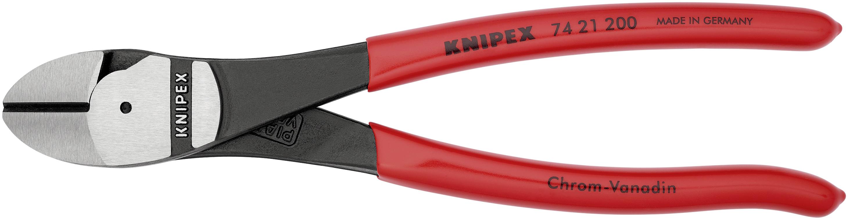 Rote Kneifzange mit schwarzem Schneidkopf. Auf dem Griff steht 'Knipex 71 21 200', 'Made in Germany', 'Chrome-Vanadin'.
