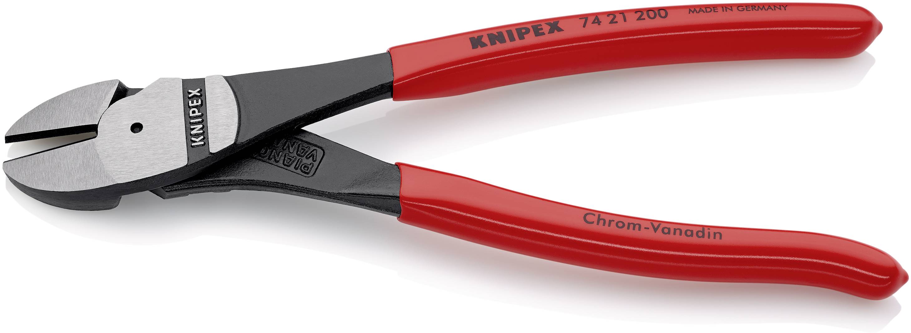 Abgebildet ist eine rote Seitenschneider-Zange der Marke Knipex, Modellnummer 74 21 200, aus Chrom-Vanadium, 