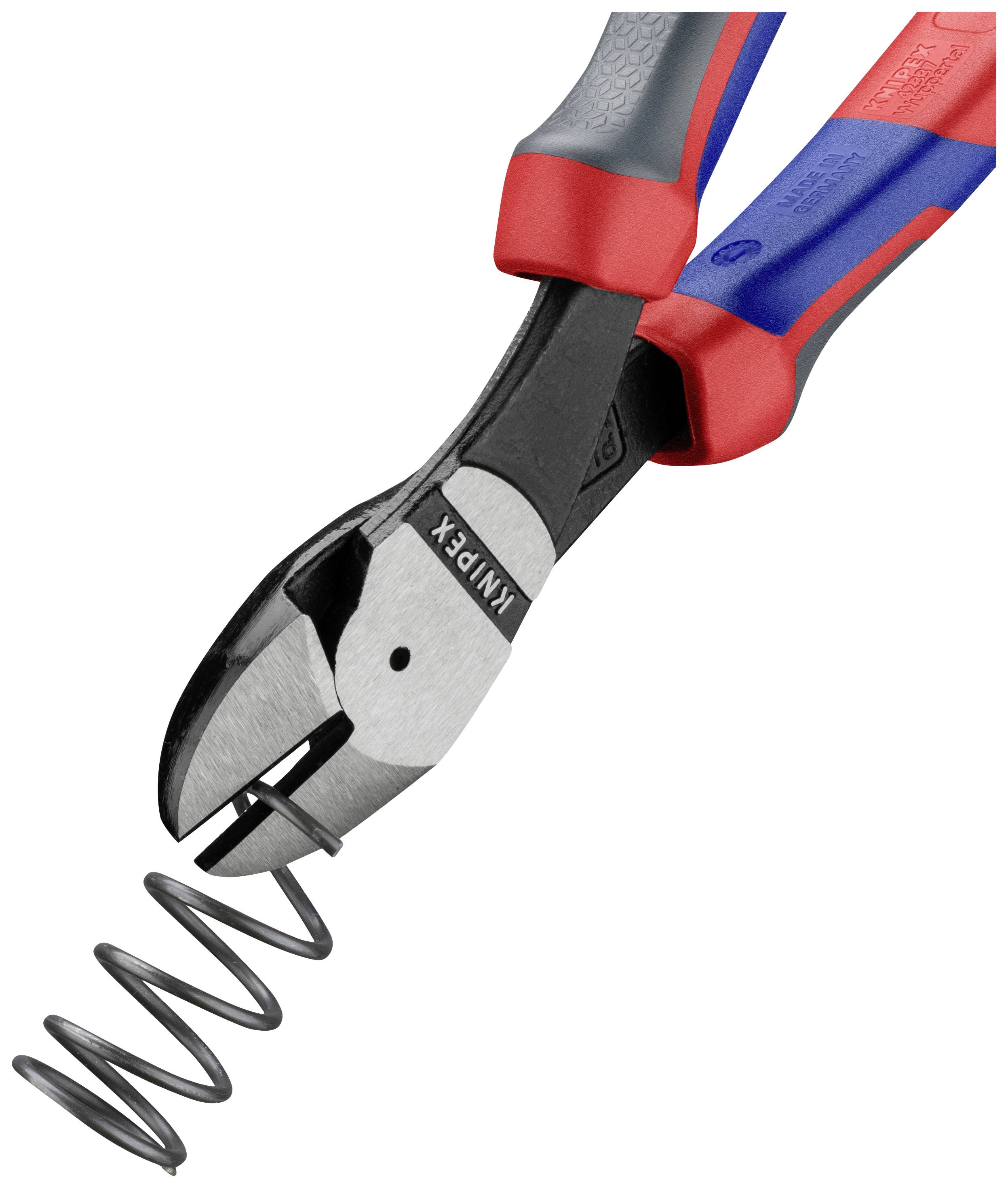 Seitenschneider schneidet Metallfeder. Griffige, ergonomische Griffe für präzise Schnitte sichtbar. Geeignet für Handwerksarbeiten.