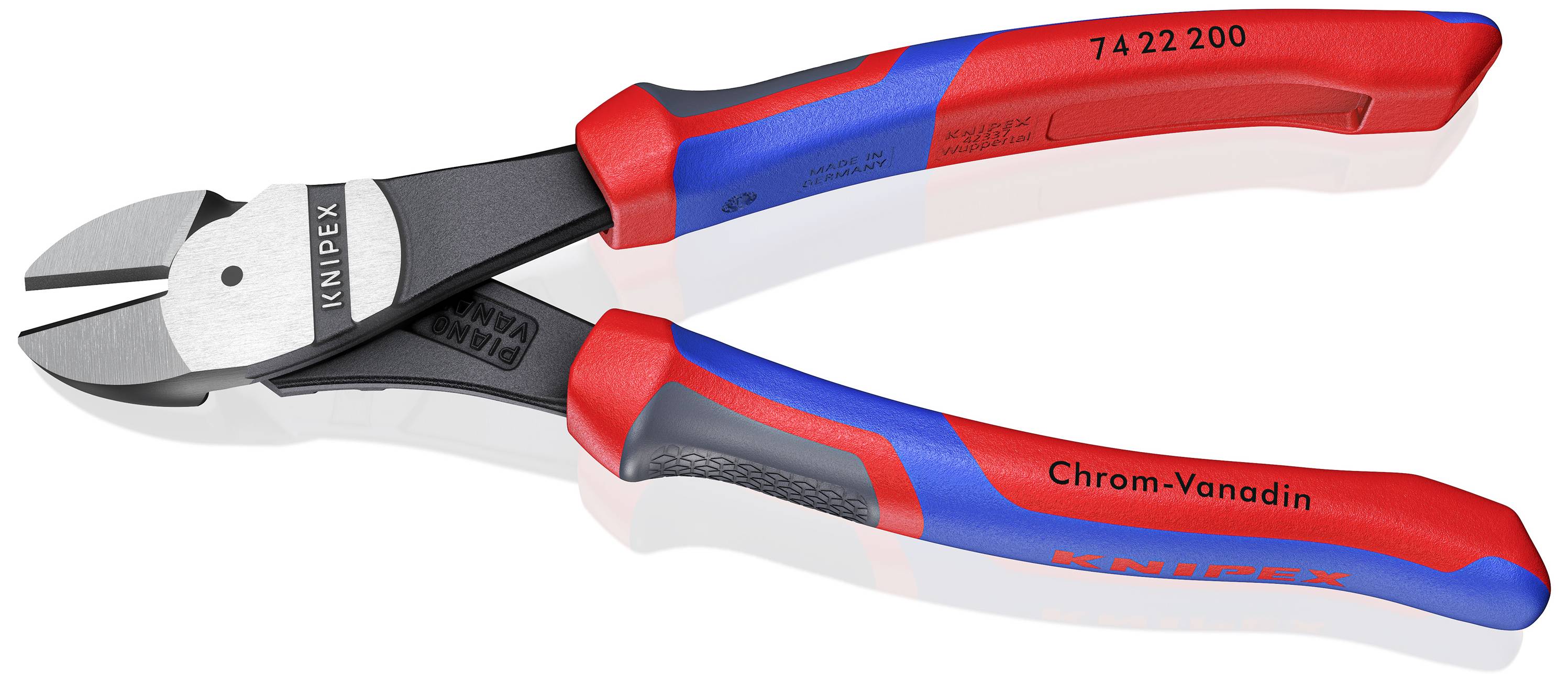 Eine Knipex-Kombizange mit roten und blauen Griffen, Modellnummer '74 22 200', aus Chrom-Vanadium-Stahl.