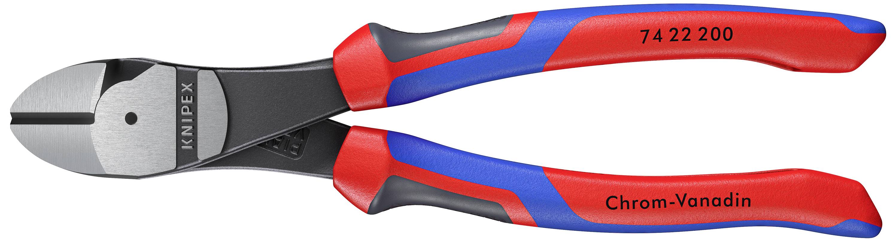 Knipex Seitenschneider, rote und blaue Griffe, Beschriftung oben '74 22 200' und Seite 'Chrom-Vanadin', geeignet für starken Draht.