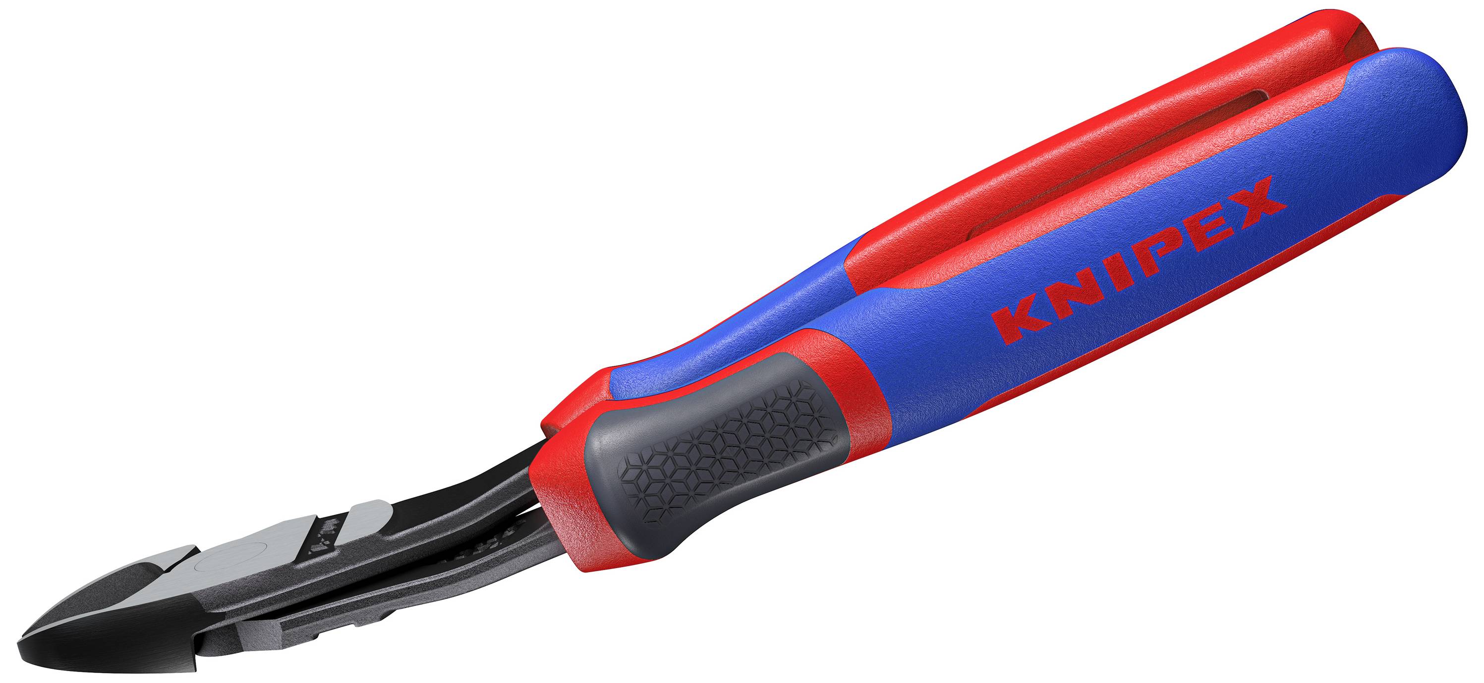Eine rote und blaue Zange mit scharfer Schneide, geeignet zum Schneiden von Drähten oder Kabeln. Markiert mit 'KNIPEX'.