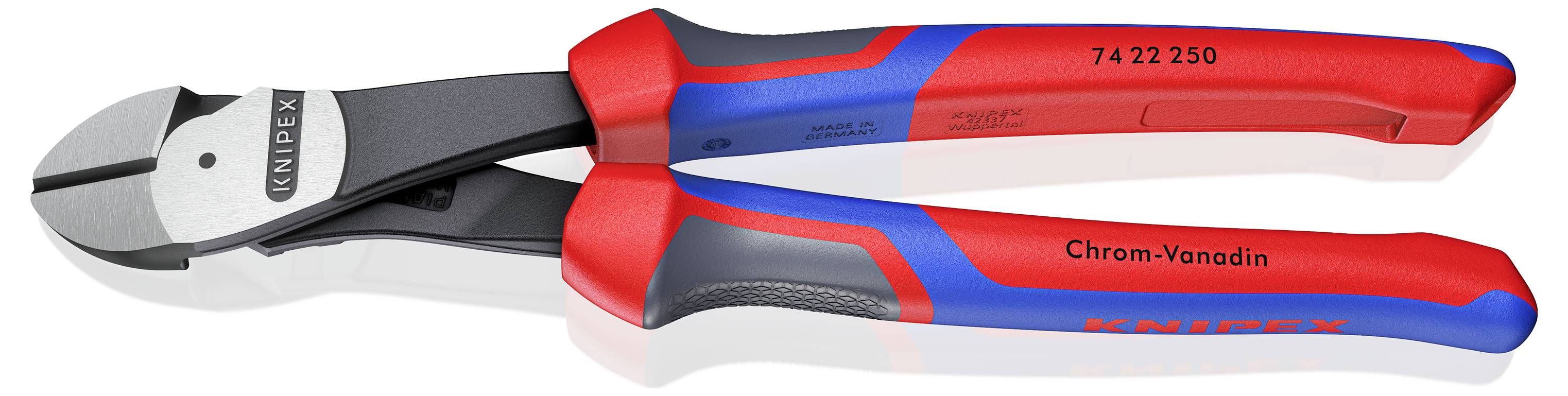 Diagonalschneider mit roten und blauen Griffen, beschriftet mit 'Knipex Chrom-Vanadin'.