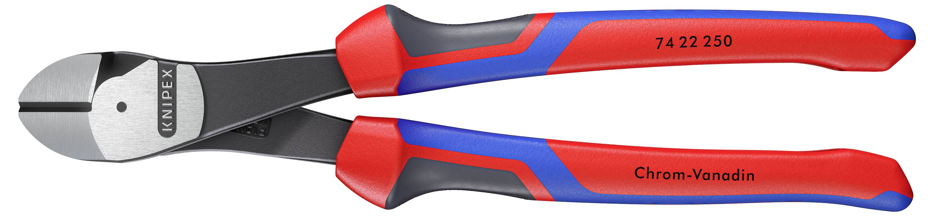 Rot- und blaugriffige Seitenschneider mit schwarzen Klingen, beschriftet mit 'Knipex' und 'Chrom-Vanadin'. Entwickelt zum Schneiden von Drähten und Kabeln.
