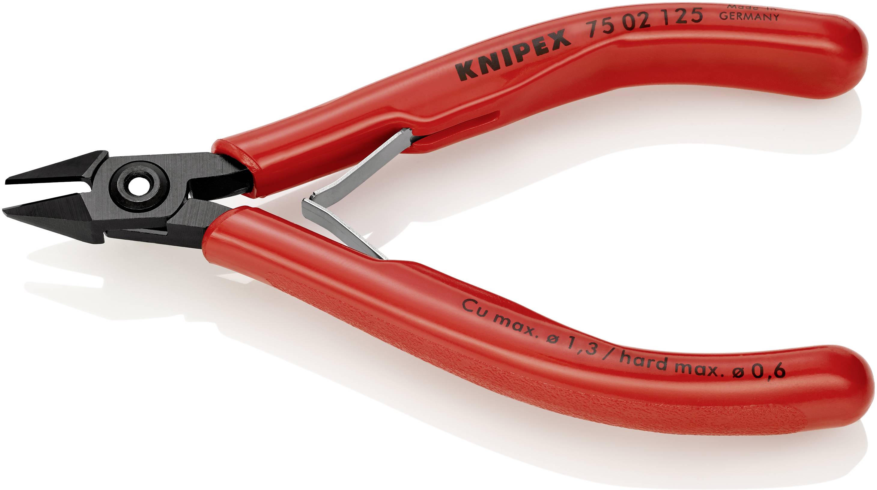 Rote Kabelschere mit schwarzem Schneidkopf, geeignet für Kupferdrähte bis 0,3 mm Durchmesser. Marke: KNIPEX.