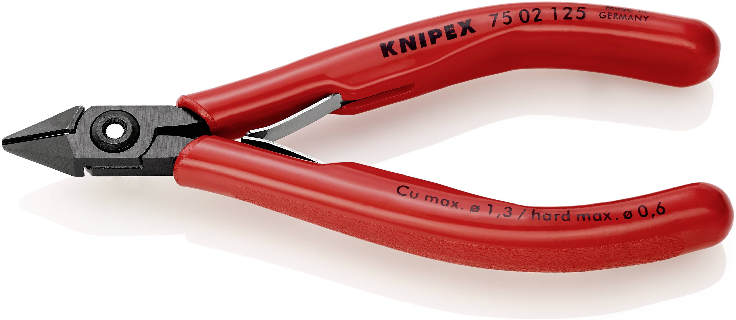 Rote Knipex-Seitenschneider mit schwarzem Schneidkopf, geeignet zum Schneiden von Kupfer bis 1,3 mm und harten Materialien bis 0,6 mm.