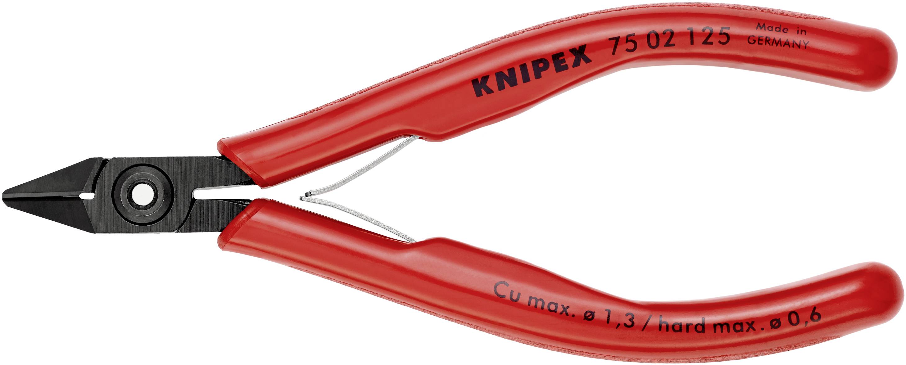 Rote Präzisions-Seitenschneider mit schwarzer Schneide aus Metall, Beschriftung 'Knipex 75 02 125', geeignet für Cu max. ø 1,3 mm.